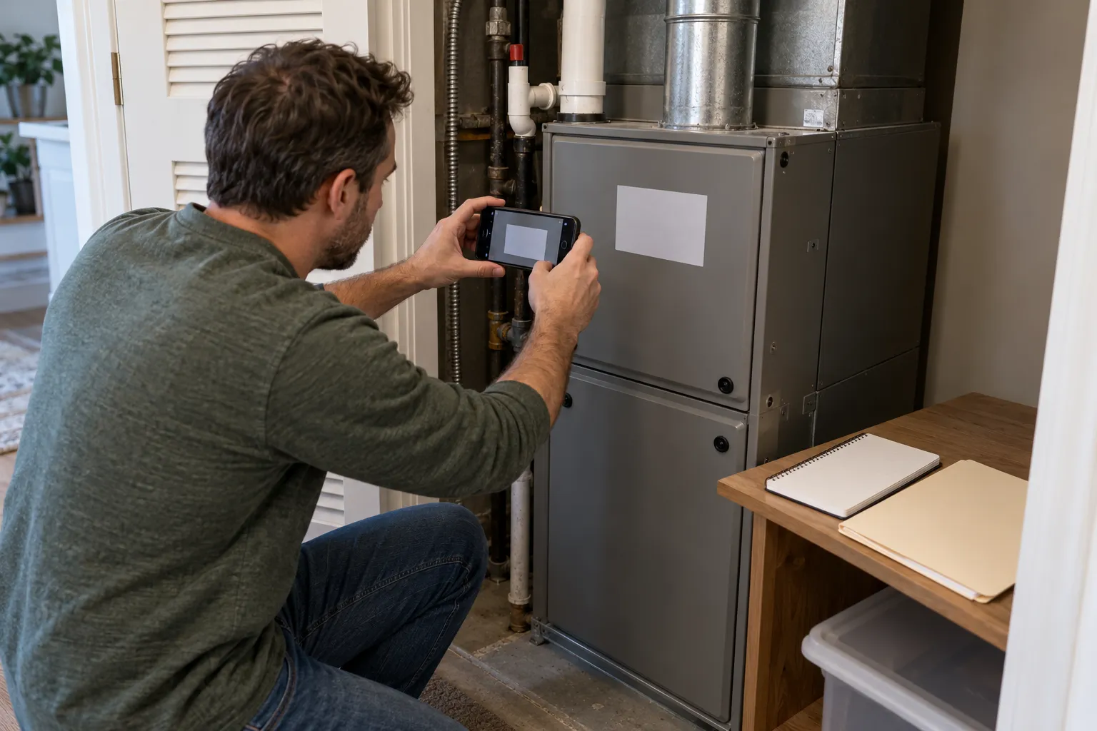Homeowner taking photos of a furnace label for an estimate request
